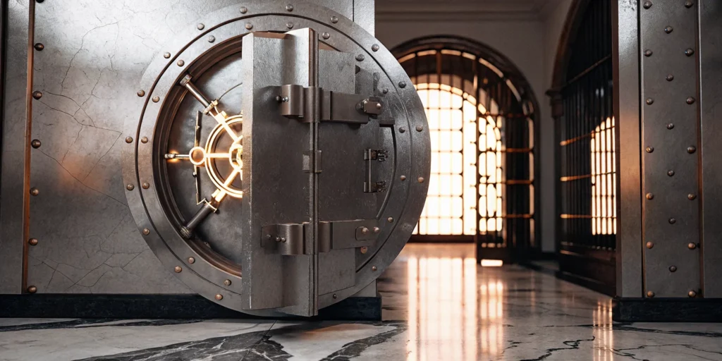 Secure bank vault door with warm gold light, representing protected high-value 1031 exchange funds