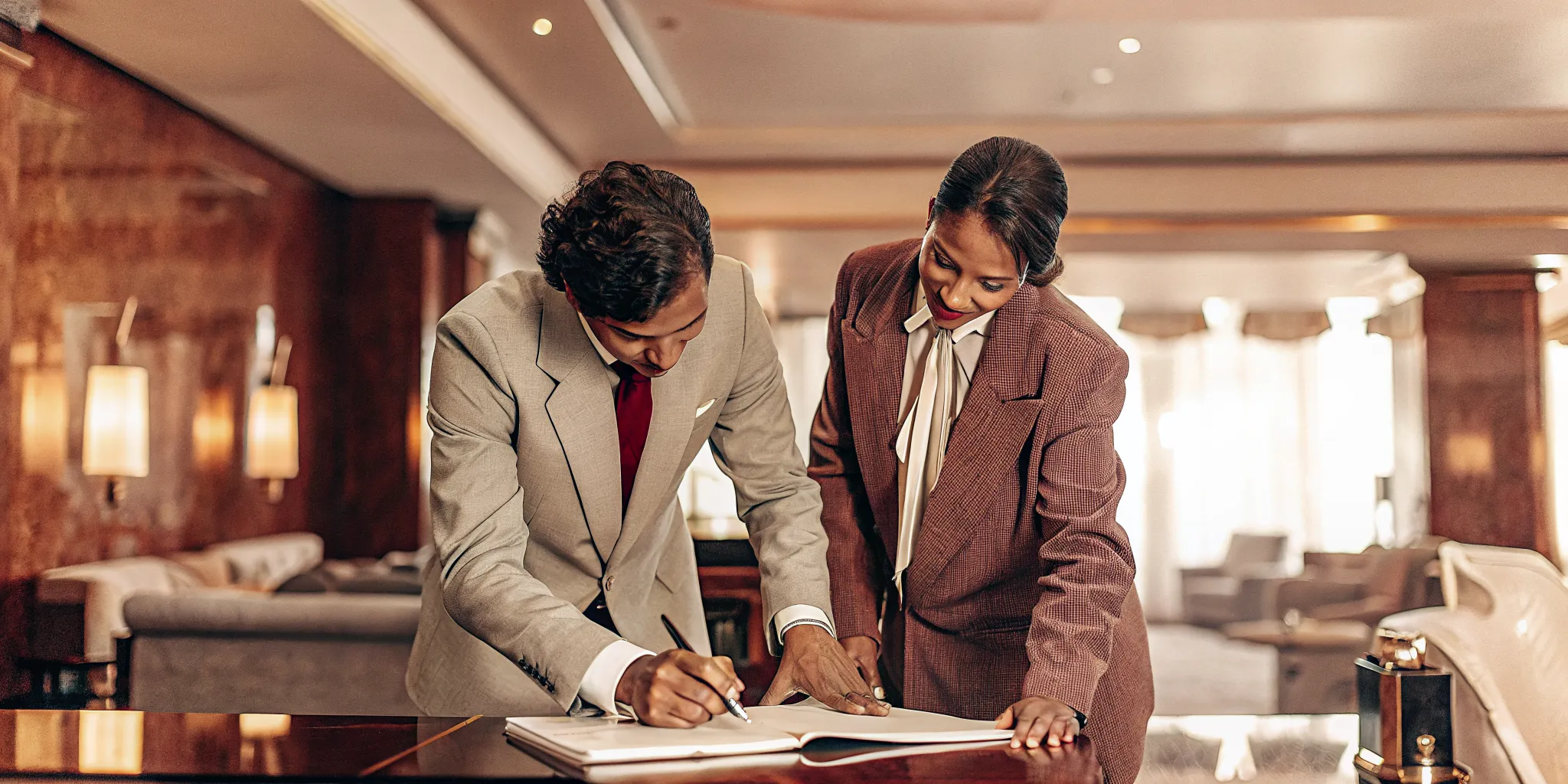 Real estate investor reviewing documents with advisor in a professional office setting