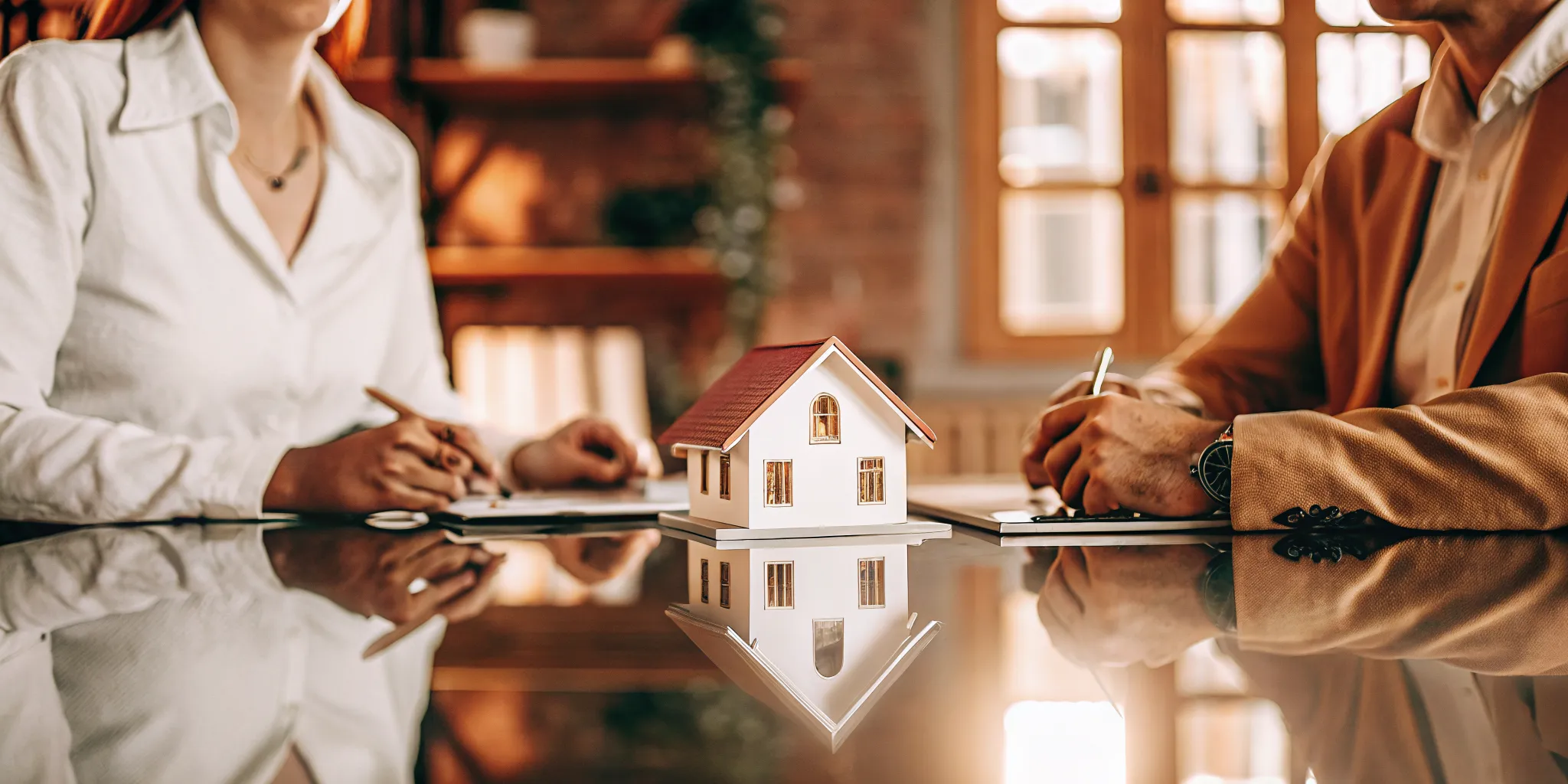 Real estate investor and financial advisor reviewing documents in a bright modern office