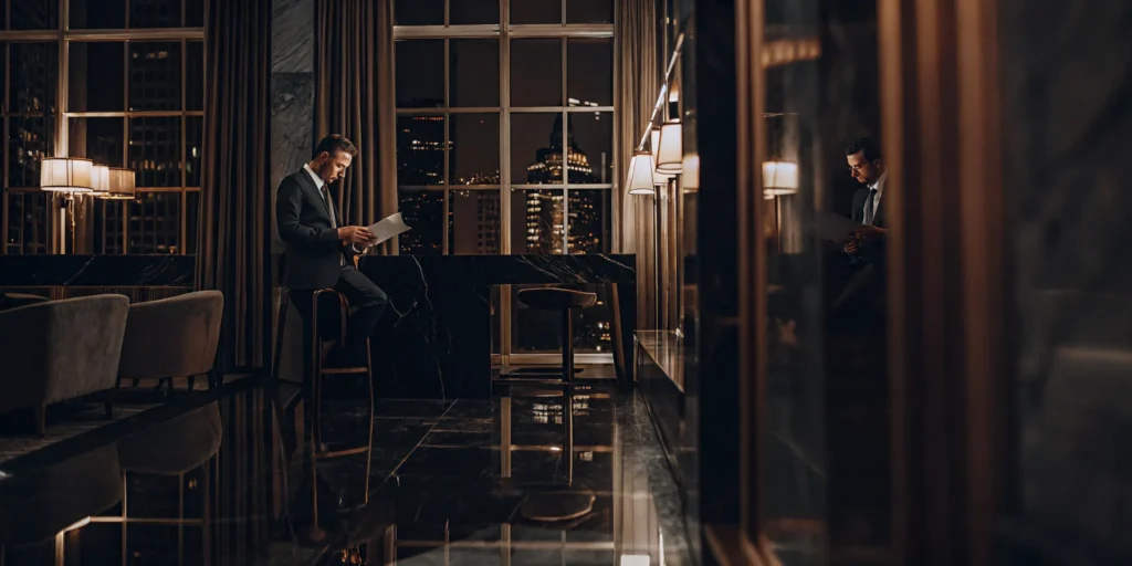 Real estate investor reviewing property documents in a luxury glass office
