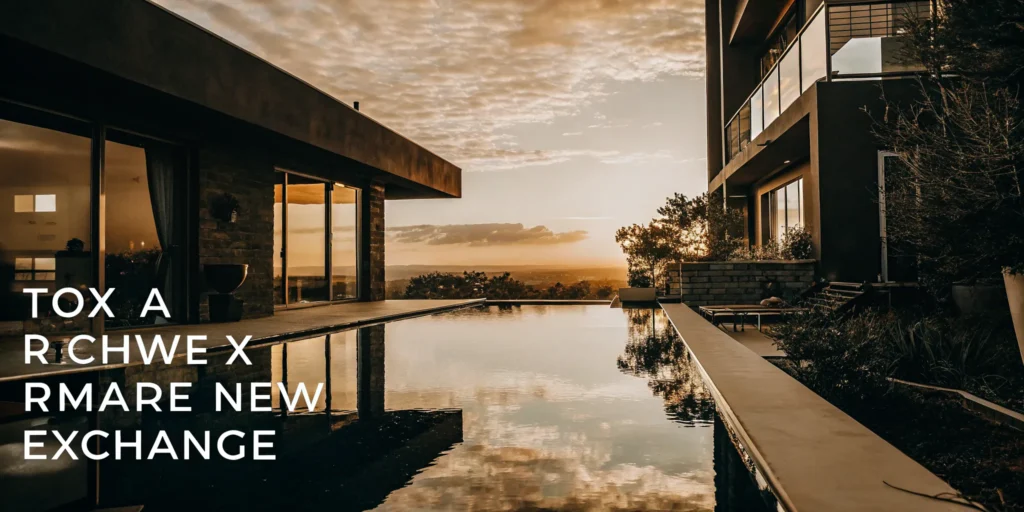 Luxury real estate investment property with pool and modern architecture at sunset