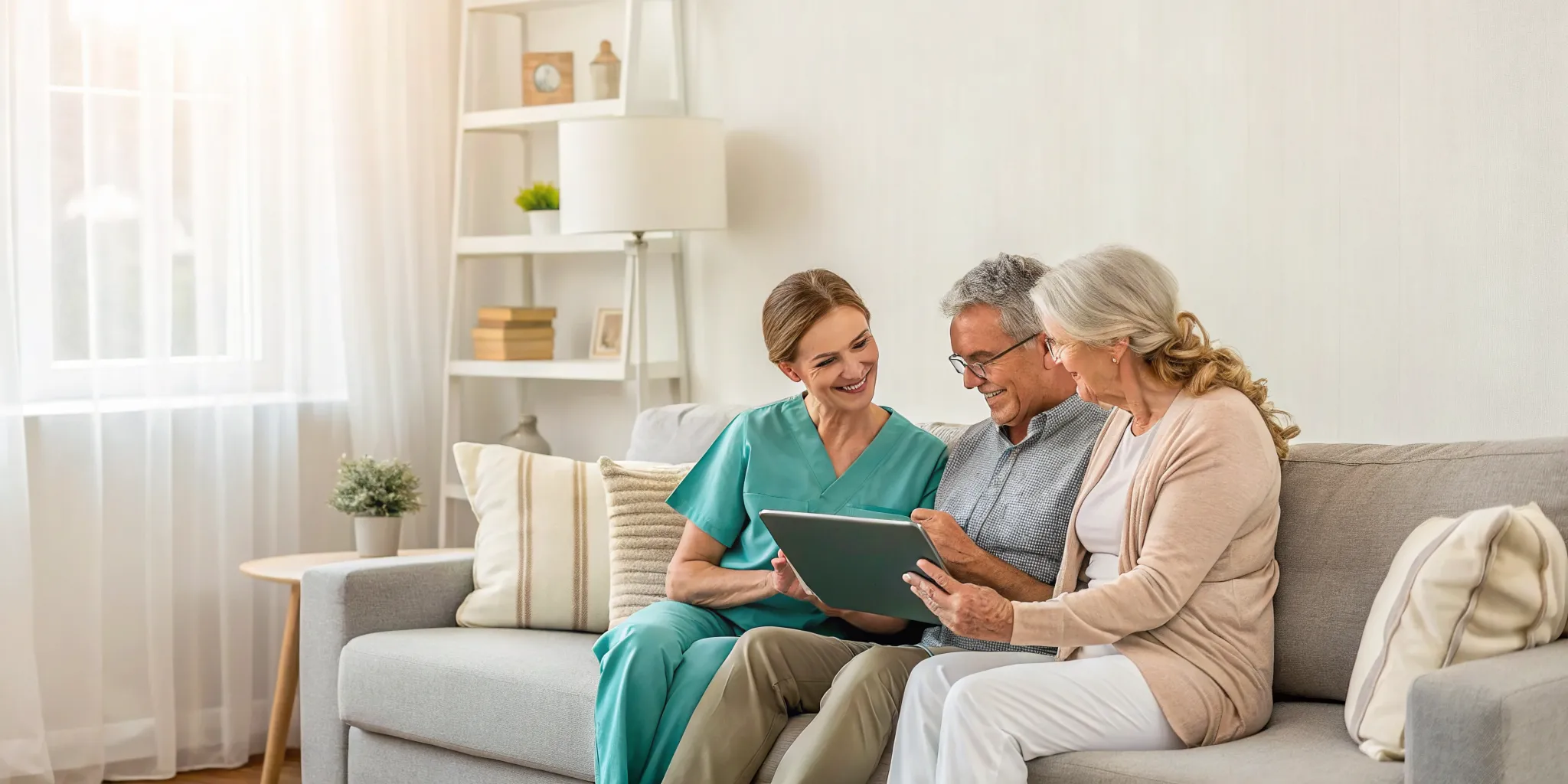 Home care provider reviewing a personalized care plan with a senior couple in their home.