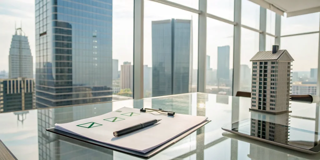 Checklist for hiring a 1031 exchange consultant on an office desk with a real estate model.