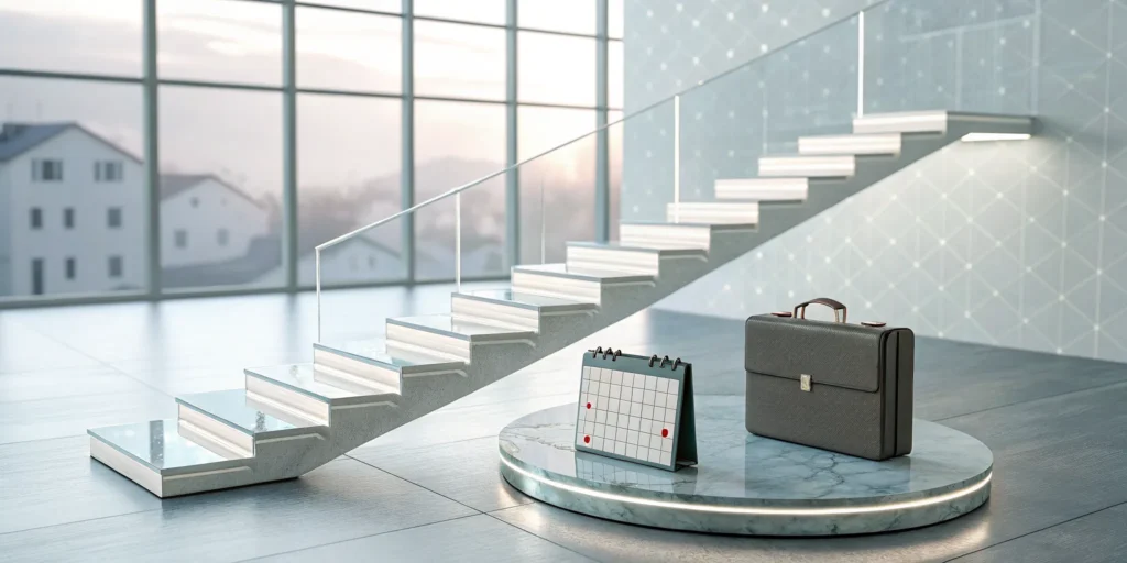 A calendar and briefcase on a desk, ready to start a 1031 exchange.