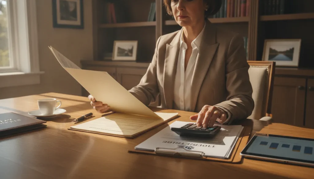 Professional real estate investor reviewing property documents at a sunlit table