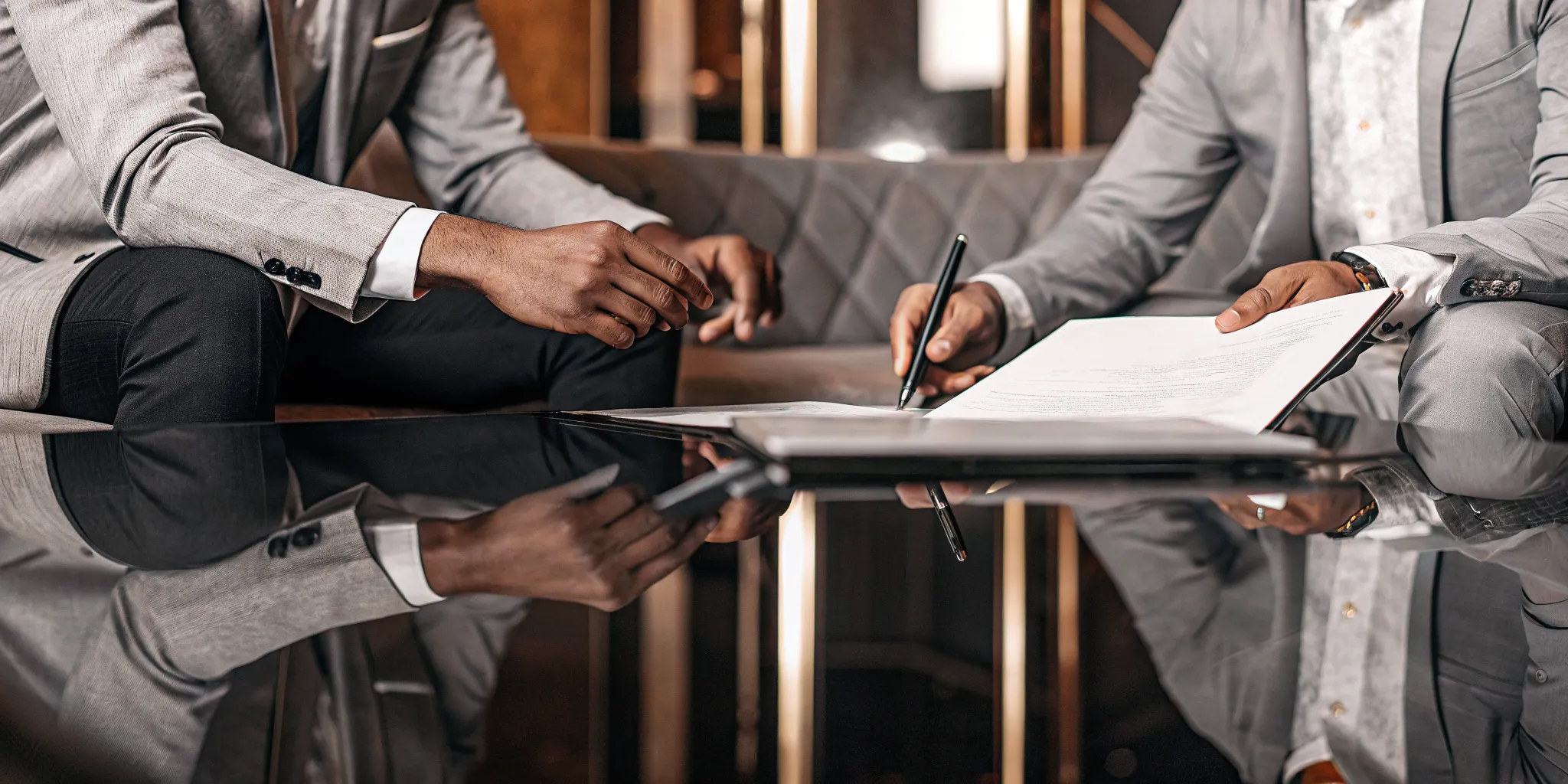 Real estate investor meeting with a financial advisor in a private upscale office to review property exchange documents